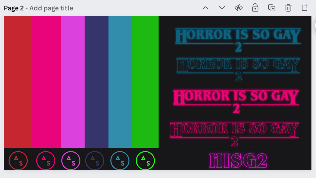 a color palette of red dark pink, magenta, navy blue, sea blue, and neon green with HORROR IS SO GAY written in each color and the Autostraddle logo