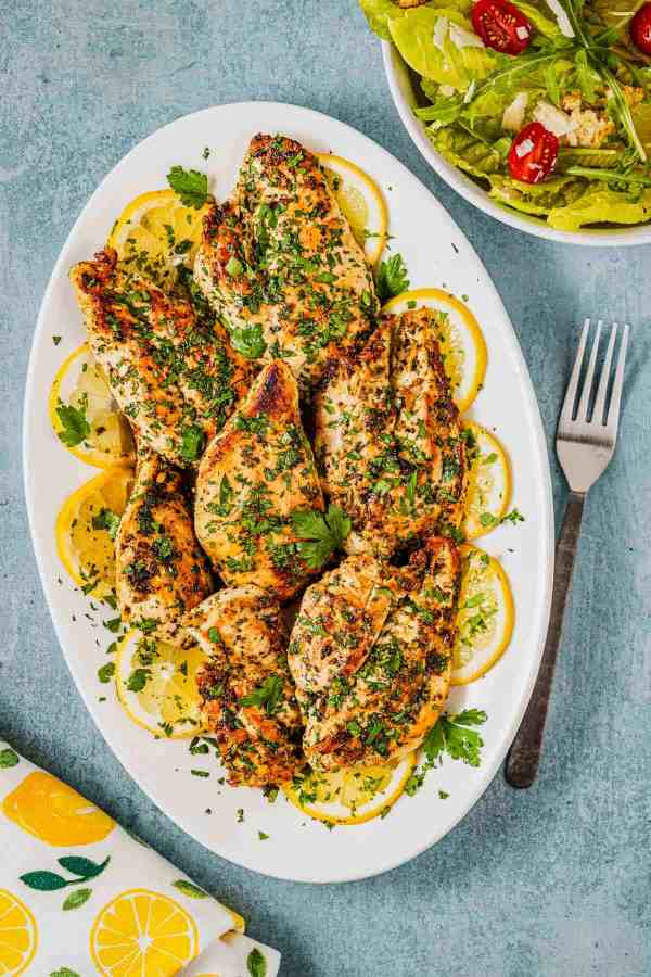 a plate of garlicky lemon chicken