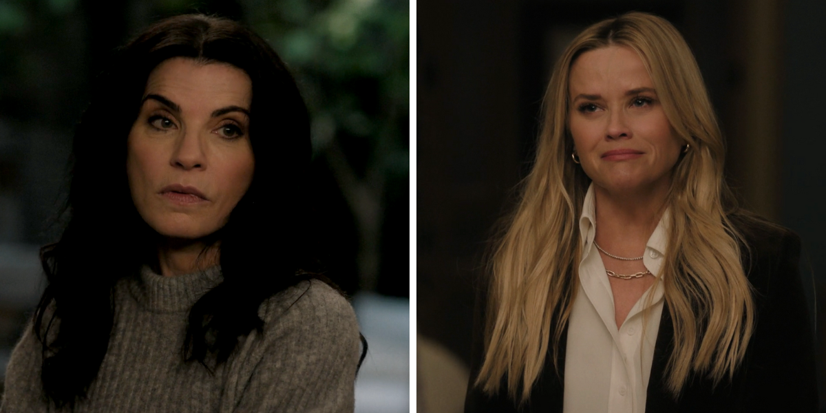 A split screen of Laura Peterson looking stern and Bradley Jackson crying
