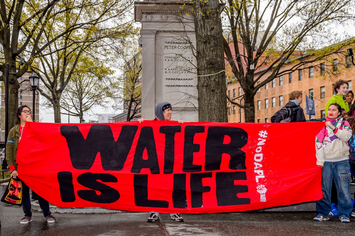 THE COOPER UNION, NEW YORK, NY, UNITED STATES - 2017/04/25: Hundreds turned out in the rain for a prayerful rally on April 25, 2017; at the historic Cooper Union to protest Citibanks annual shareholder meeting. The Indigenous-led, and ally supported event sent a strong message to Citibank and its shareholders: honor Indigenous rights, stop extractive energy investment now, and invest in  a Just Transition, and renewable energy towards a climate-stable future, calling to Divest, Defund and Decolonize their investments. (Photo by Erik McGregor/LightRocket via Getty Images)