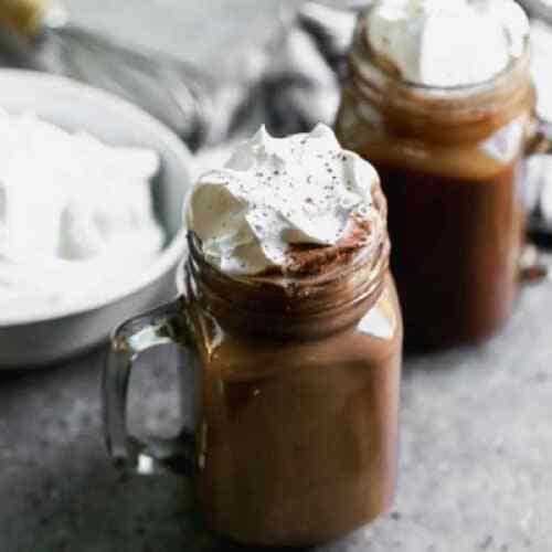 a clear mug of hot cocoa