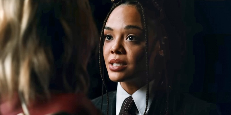 Valkyrie is in The Marvels trailer wearing a suit and a tie. She is gazing upon Carol Danvers.