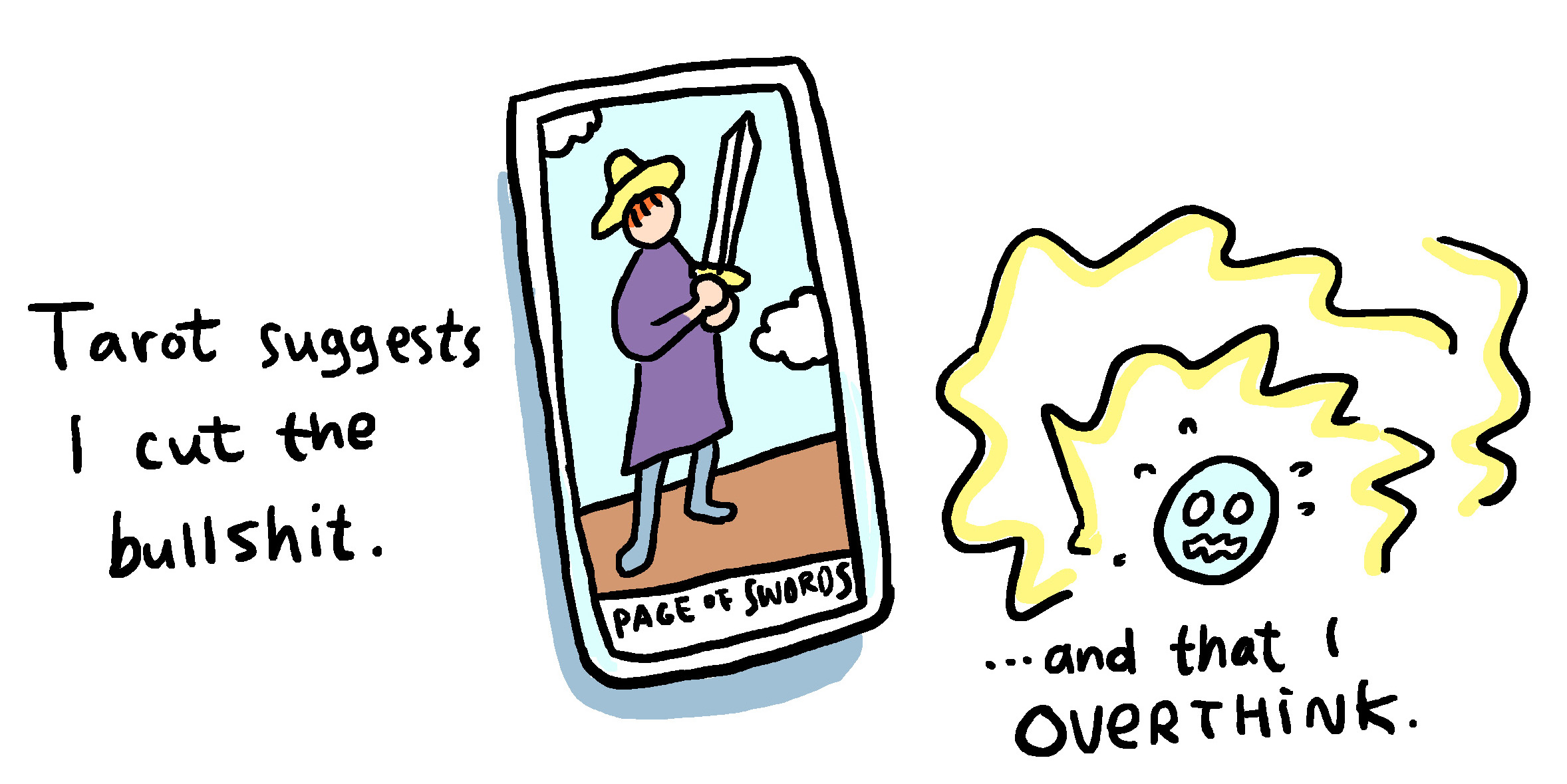 An illustration of Baopu, an Asian person with red hair, on a Tarot card. The text reads: "Tarot suggests that I cut the bullshit... and that I overthink"