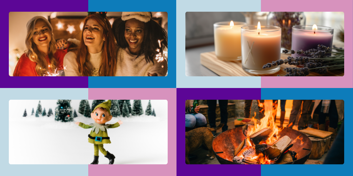 1. three women at a holiday party with sparklers. 2. three lit candles with lavender. 3. a holiday elf in the snow. 4. a lit fire pit.