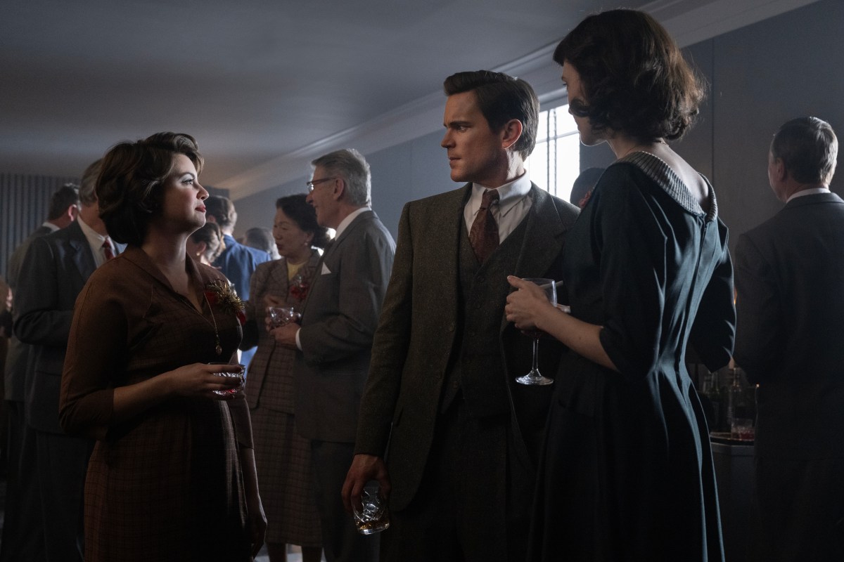 (L-R): Keara Graves as Miss Addison, Matt Bomer as Hawkins "Hawk" Fuller and Erin Neufer as Mary in FELLOW TRAVELERS, "Your Nuts Roasting on an Open Fire.” Photo Credit: Ben Mark Holzberg/SHOWTIME.