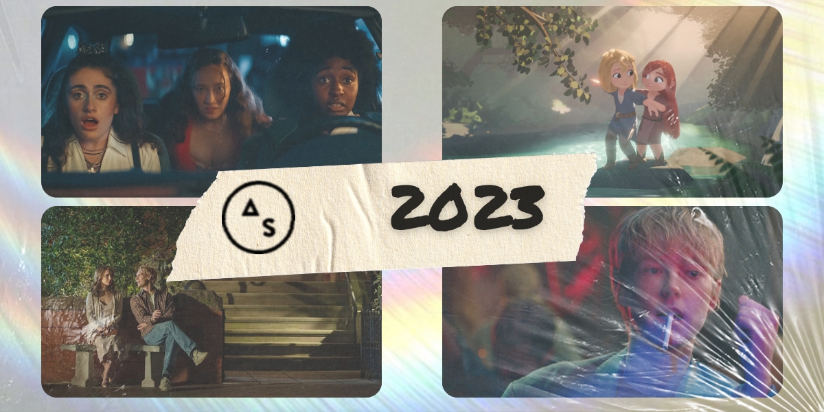 A collage of Bottoms, Nimona, May December, and Blue Jean with a plastic film and duct tape over the center with 2023