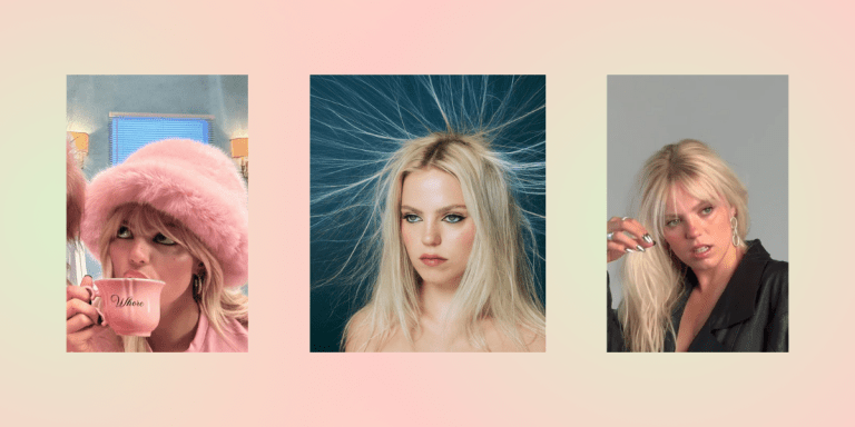 1. Renee Rapp in a fuzzy pink hat sipping out of a mug that says WHORE. 2. Renee Rapp's album cover. 3. Renee Rapp behind the scenes at a photoshoot