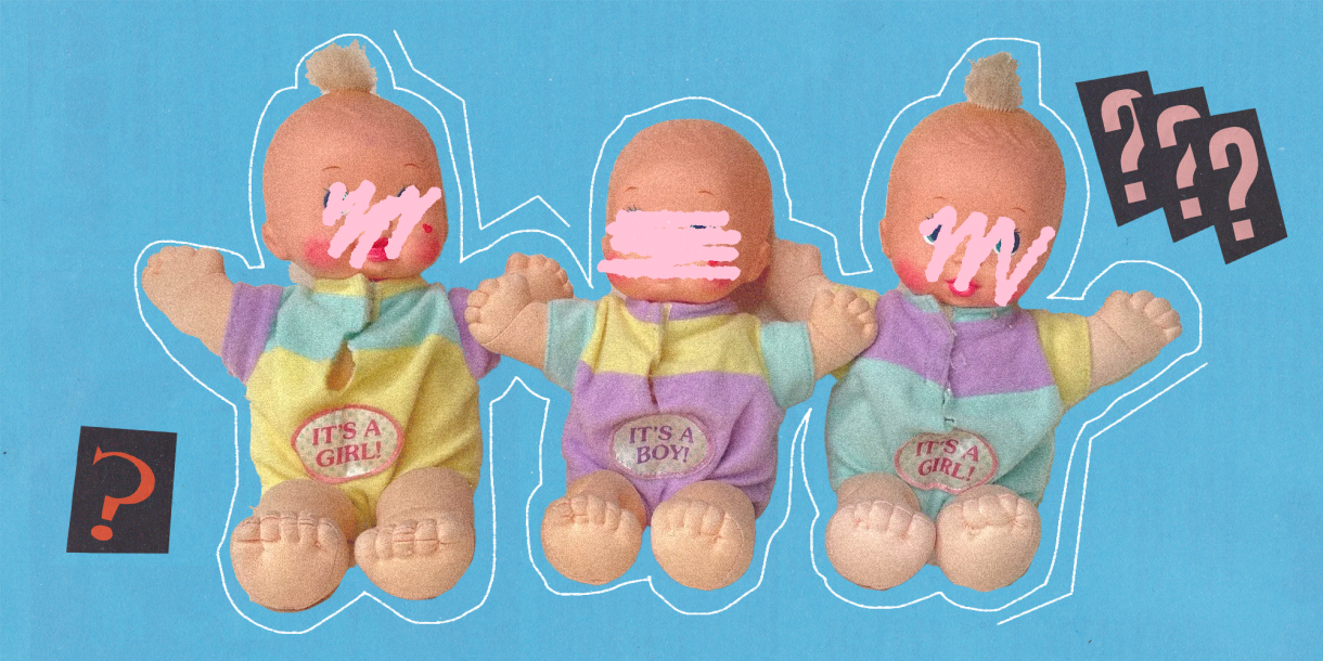 a collage of three baby dolls on a blue background with magazine cutout question marks all around them