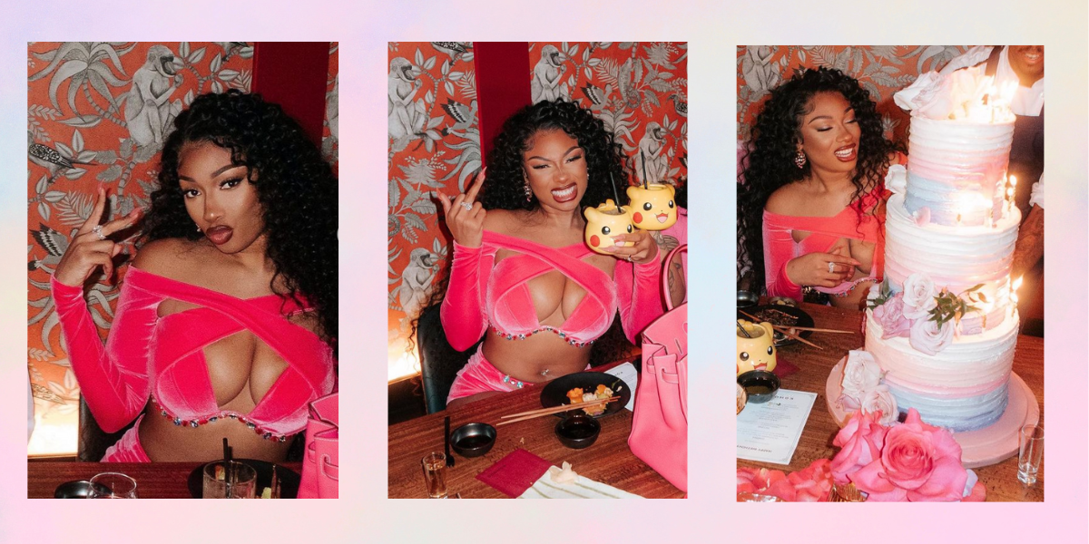 Megan Thee Stallion on her birthday in a punk set and holding Pikachu mugs