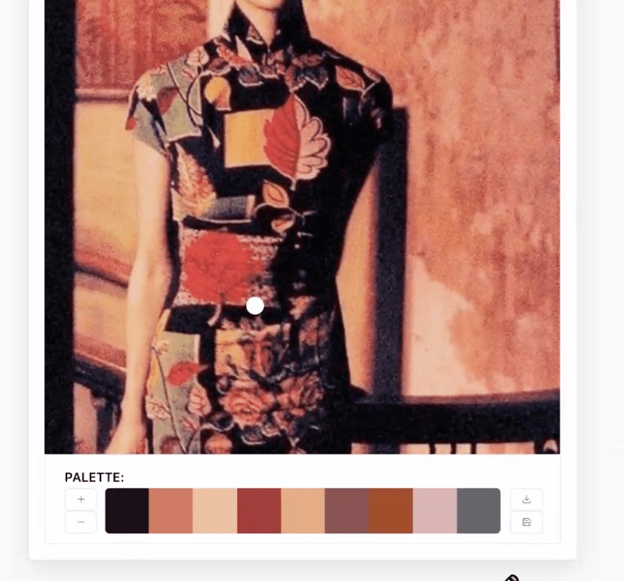 A still from In the Mood for Love shows an Asian woman in a dress that has various warm shades of brick, burgundy, peach, and gold. Underneath is a digitized color palette showing those same colors.