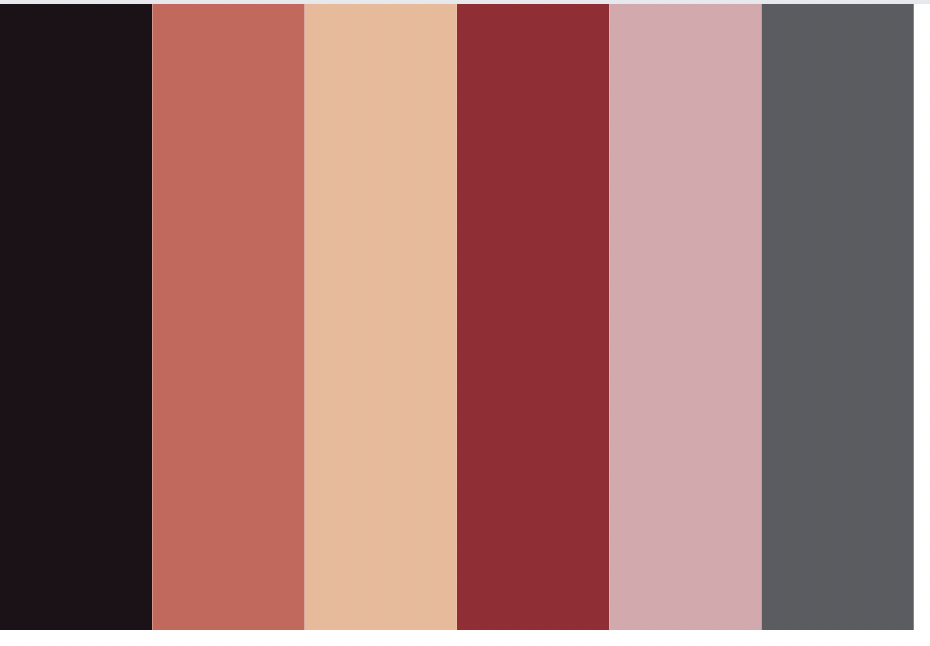 A digitized color palette with the following colors, left to right: black, dark peach, light peach, brick red, dusty rose, and steel grey