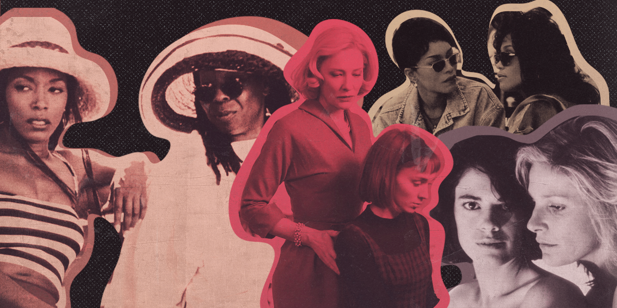 Film Images from: How Stella Got Her Groove Back, Carol, Desert Hearts, and Waiting to Exhale all collaged together on a black background.