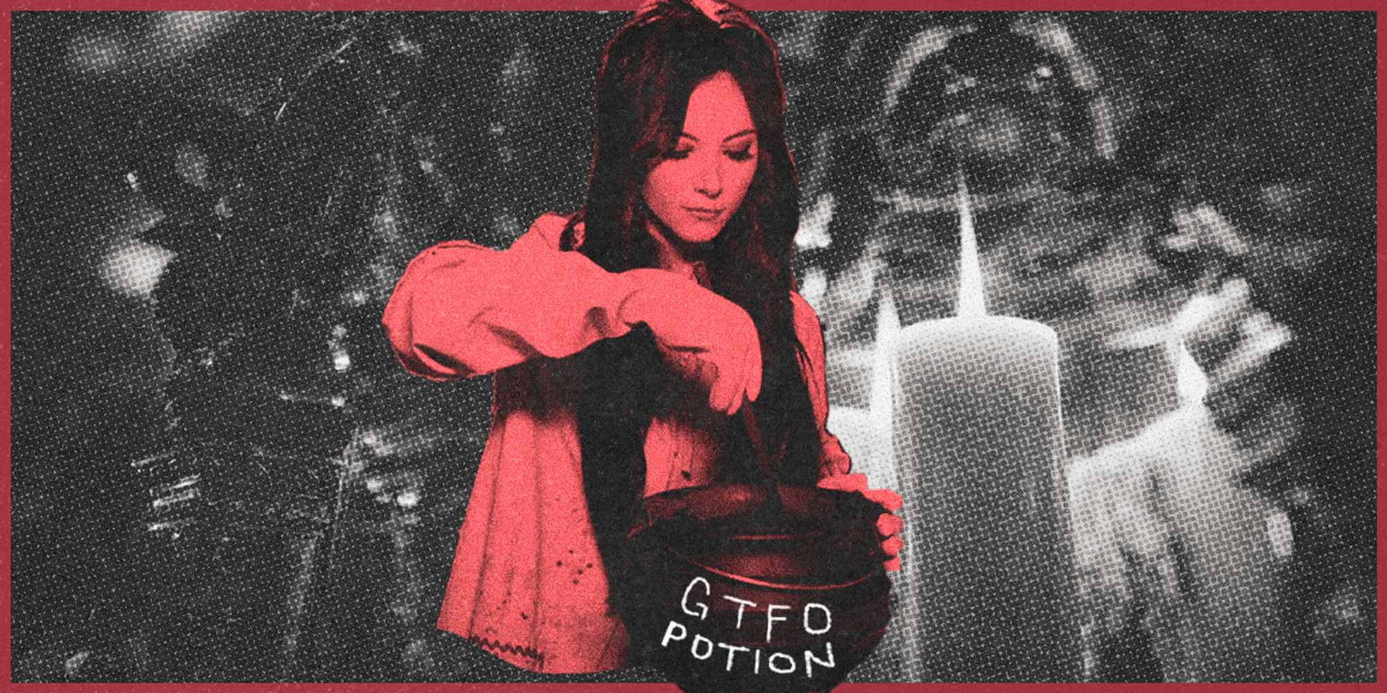 a still from the love witch with the titular character mixing a potion is in red in the center, the background is a candle lit room in black and white