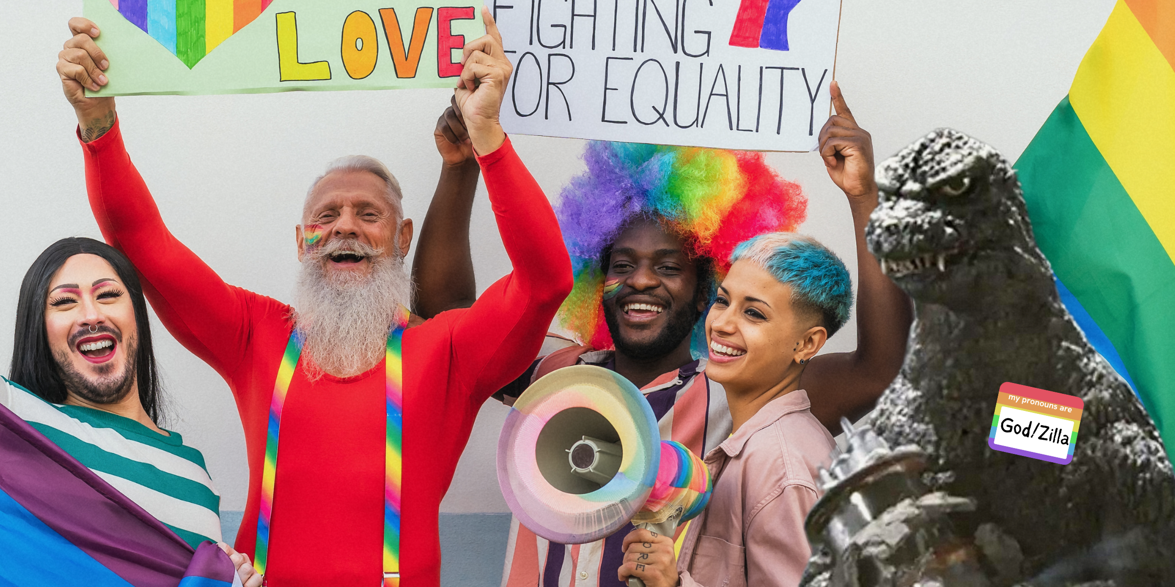 Godzilla queer: a diverse group of queer people with Godzilla photoshopped on the side