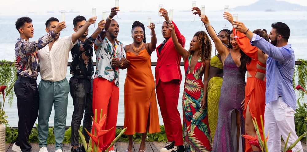 COUPLE TO THROUPLE -- "Commitment" Episode 110 -- Pictured: (l-r) Jonathan, Rehman, Ashmal, Scott Evans, Shamyra Howard, Sean, Darrien, Brittne, Jess, Lauren, Dylan -- (Photo by: Paul Castillero/PEACOCK)