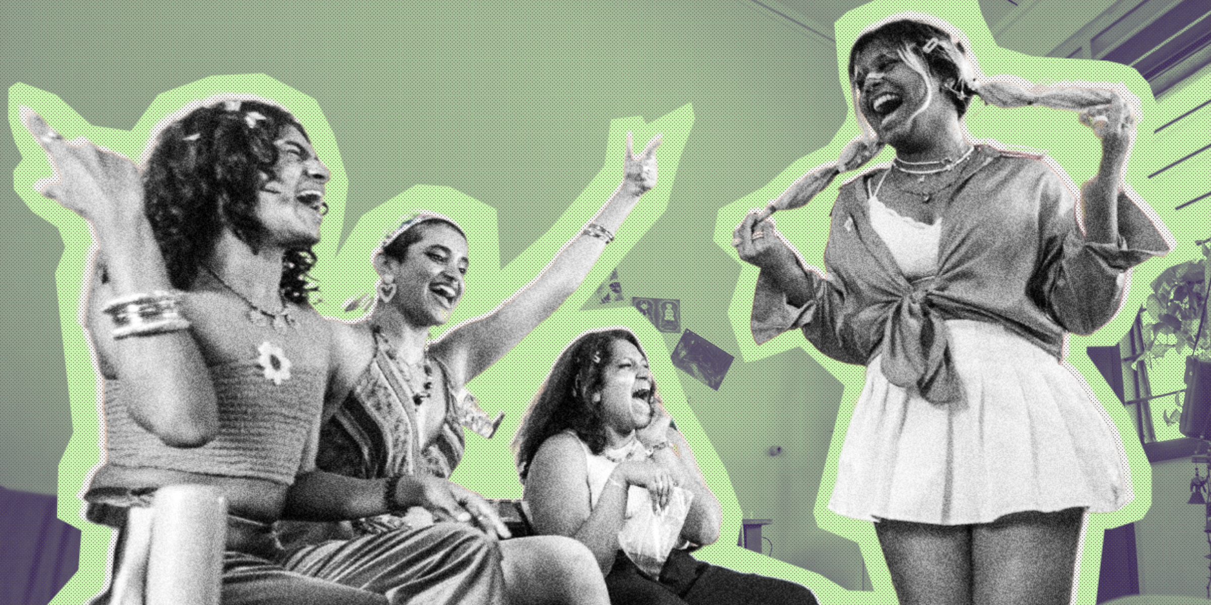 Accessible gatherings: Black and white images of four queer appearing people looking joyous. Three of the four use wheelchairs. The background is olive green.