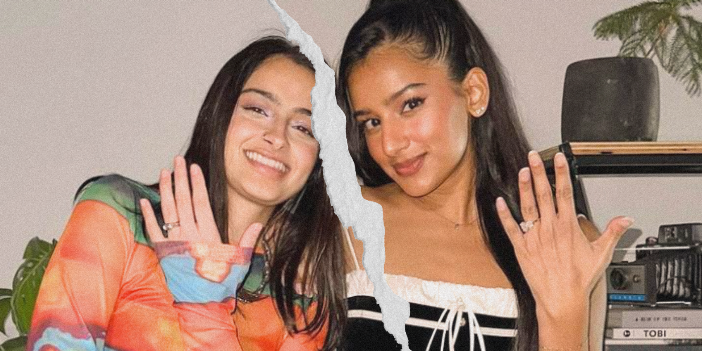 Sufi Malik and Anjali Chakra showing their engagement rings with a rip between them to represent their breakup