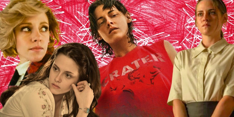 Kristen Stewart nervous tics feature image with stills from Love Lies Bleeding, Spencer, Twilight, and Crimes of the Future