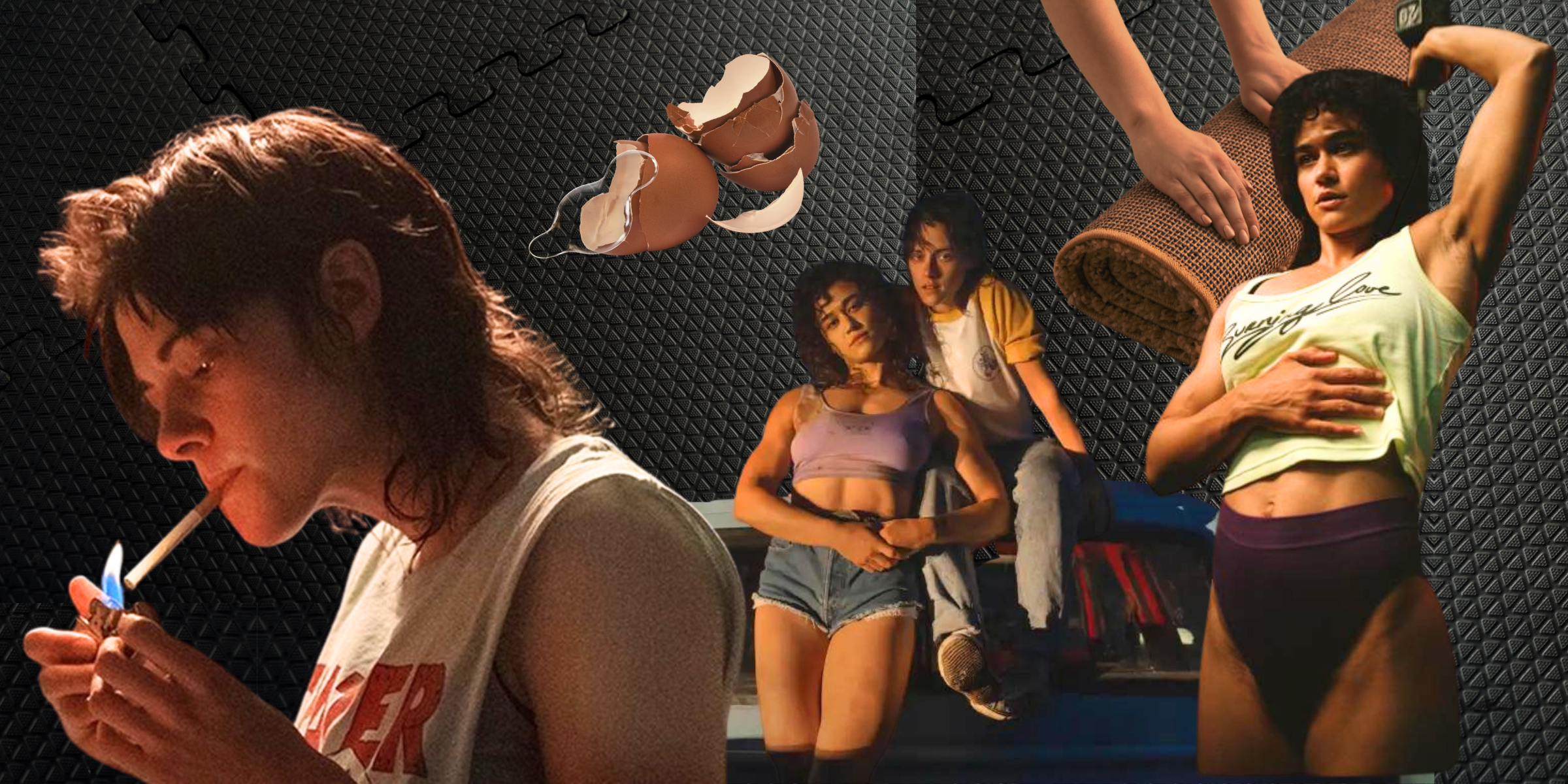 Lou from Love Lies Bleeding smoking a cigarette, egg whites, Jackie lifting a dumbbell