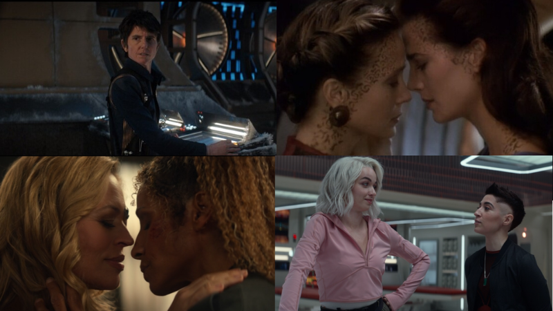 Top Row: Tig Notaro as Jett Reno; Susanna Thompson and Terry Farrell as Lenara Kahn and Jadzia Dax. Bottom Row: Jeri Ryan and Michelle Hurt as Seven of Nine and Raffi Musiker; Jess Bush and Melissa Navia as Nurse Chapel and Erica Ortegas