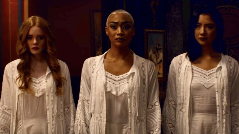 Abigail Cowen, Tati Gabrielle, and Adeline Rudolph as Dorcas, Prudence, and Agatha