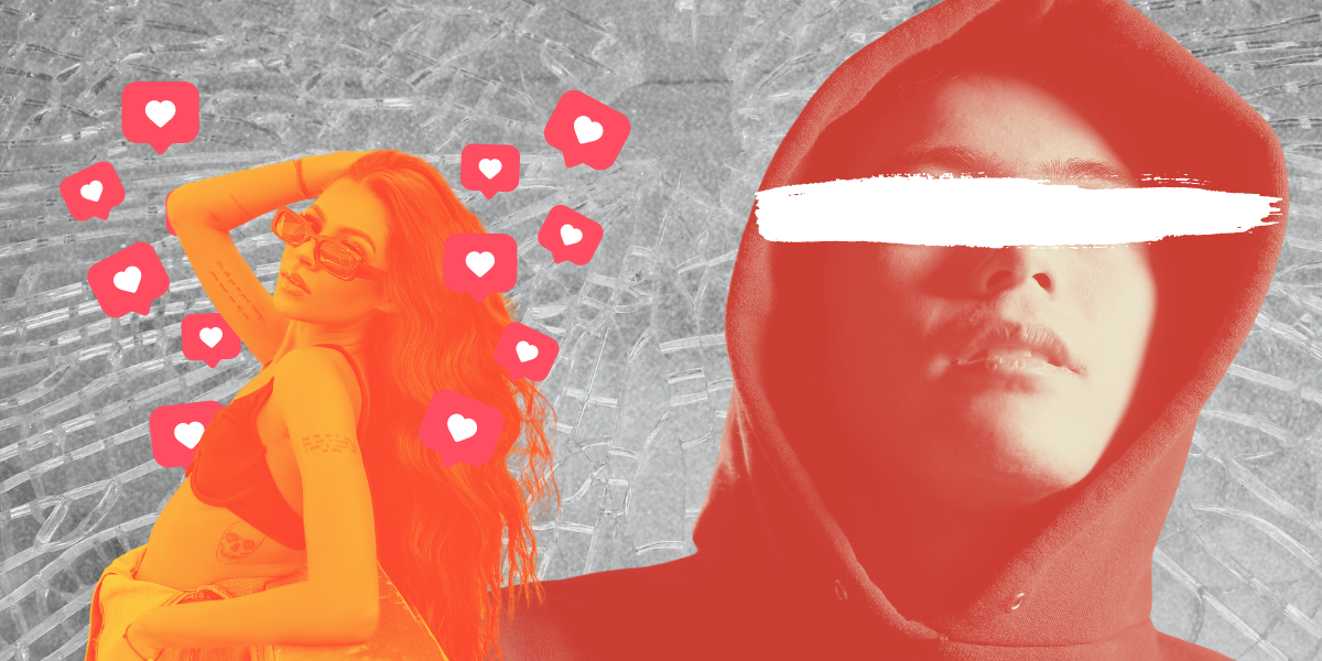 a collage of two people, one in a hoodie with eyes covered and one femme who is leaning back in a bathing suit surrounded by instagram