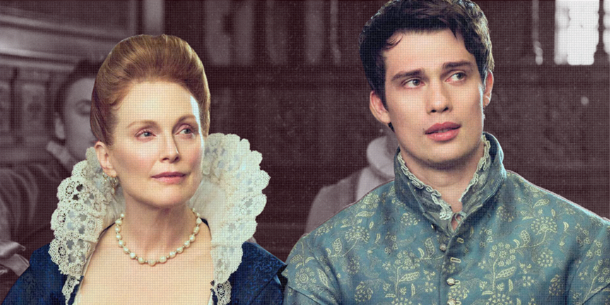 Mary and George queer: Julianne Moore and Nicholas Galitzine stand next to each other with the background desaturated