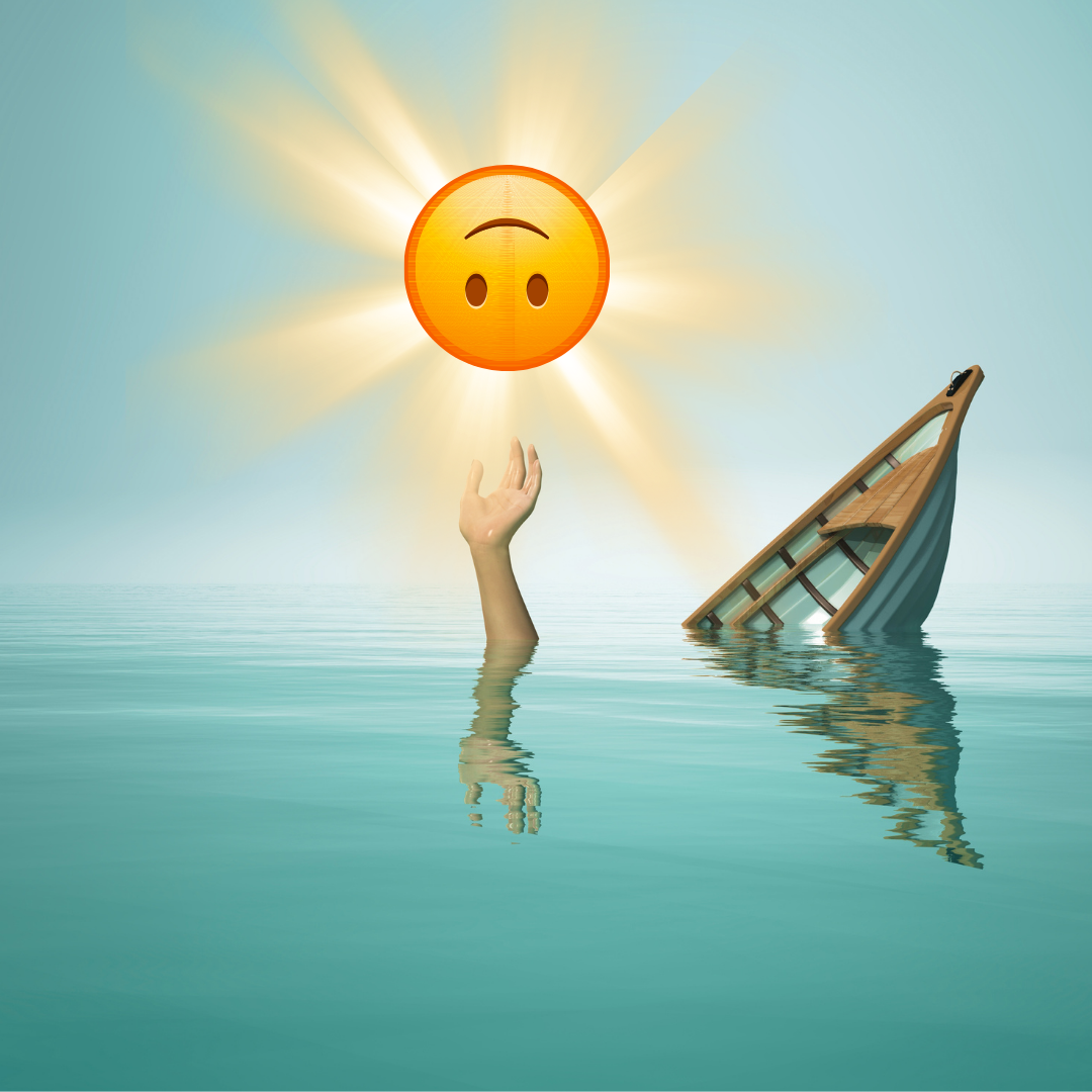 an image of a hand raised up from water as a ship sinks behind, above an upside down smiley emoji floats in front of beams of light