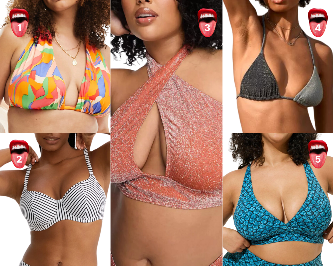 1. A multicolored bikini top, 2. A black and white underwire bikini top, 3. A velvet pink halter bikini top, 4. A silver triangle bikini top, 5. A mermaid scale colored bikini top.