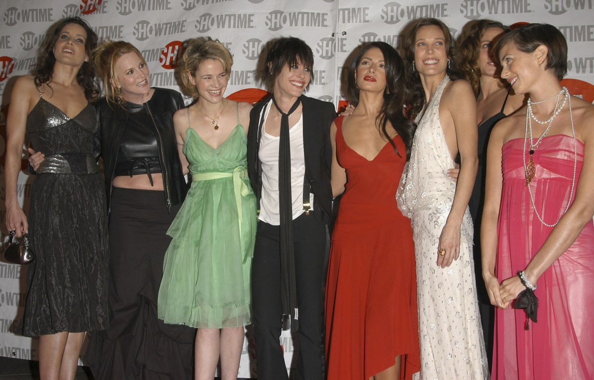 LOS ANGELES, CA - FEBRUARY 16: (L-R) Actress' Rachel Shelly, Laurel Holloman, Leisha Hailey, Katherine Moennig, Sarah Shahi, Erin Daniels and Mia Kirshner attend Showtime's "The L-World" second season premiere at The Directors Guild of America on February 16, 2005 in Los Angeles, California. (Photo by Stephen Shugerman/Getty Images)