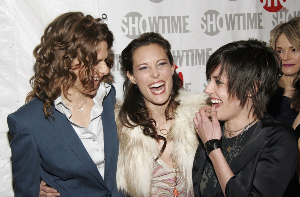 NEW YORK - FEBRUARY 8: (L-R) Actresses Sandra Bernhard, Erin Daniels, and Katherine Moennig share a laugh before Showtime's "The L Word" second season premiere in Chelsea February 8, 2005 in New York City. (Photo by Fernando Leon/Getty Images)