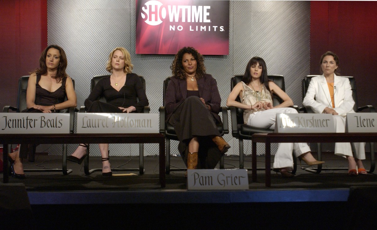 Jennifer Beals, Laurel Holloman, Pam Grier, Mia Kirshner, and Ilene Chaiken, executive producer of "The L Word" at the 2003 Showtime TCA Presentation (Photo by M. Caulfield/WireImage)