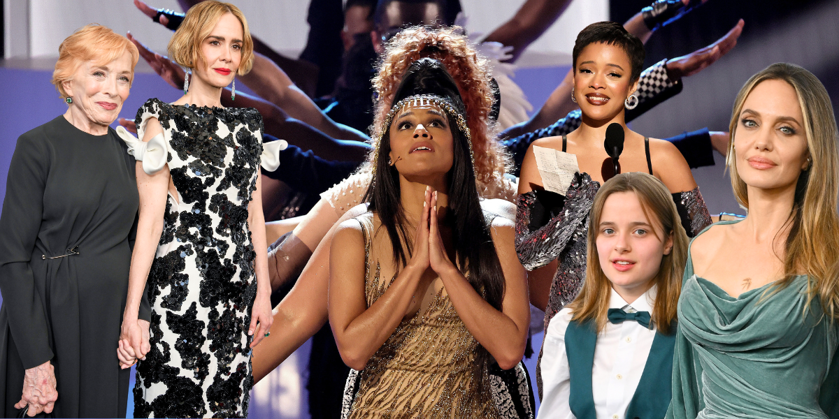 collage from the tonys: holland taylor + sarah paulson, ariana debose, Maleah Joi Moon and Angelina Jolie with her daughter Vivienne