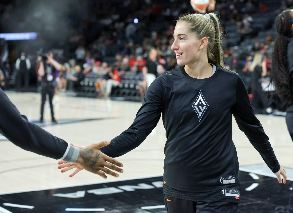 LAS VEGAS, NEVADA - MAY 18: Kate Martin #20 of the Las Vegas Aces warms up before a game against the Los Angeles Sparks at Michelob ULTRA Arena on May 18, 2024 in Las Vegas, Nevada. The Aces defeated the Sparks 89-82. NOTE TO USER: User expressly acknowledges and agrees that, by downloading and or using this photograph, User is consenting to the terms and conditions of the Getty Images License Agreement. (Photo by Ethan Miller/Getty Images)