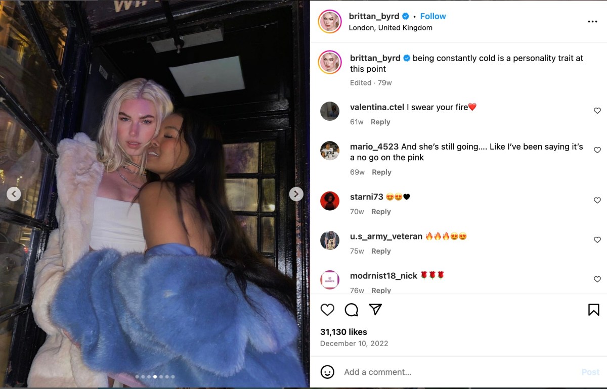 Dominique and Brittan being cozy on instagram in December 2022