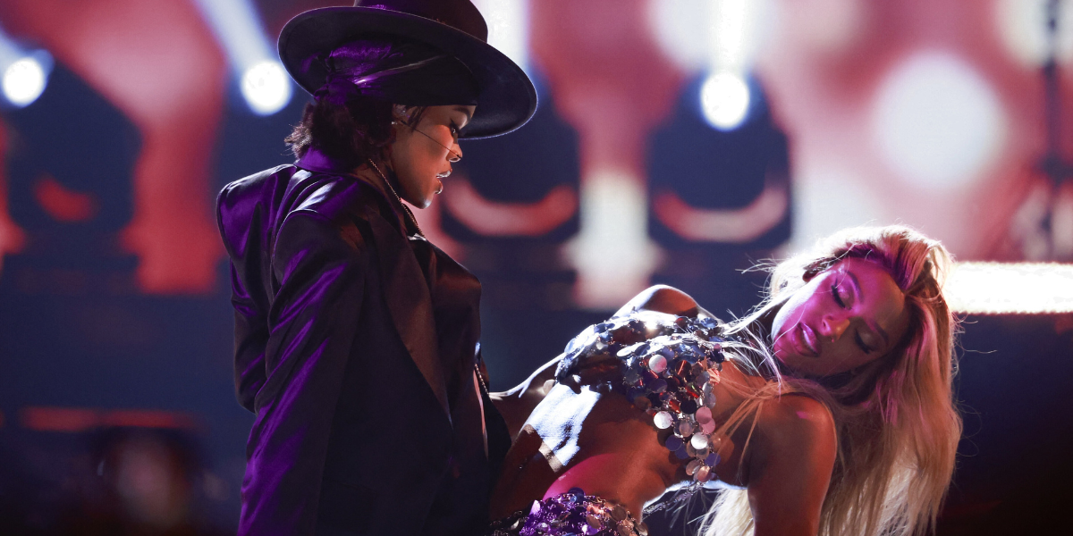 Teyana Taylor and Victoria Monét perform onstage at the 2024 BET Awards at Peacock Theate (Photo by MICHAEL TRANAFP via Getty Images)