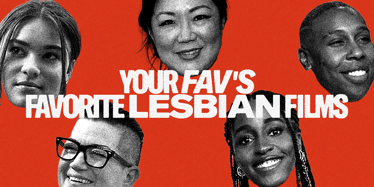 Your Fav's Favorite Lesbian Films against a red background with black and white face images of Devery Jacobs, Margaret Cho, Lena Waithe, Lea DeLaria, and Ayo Edebiri 