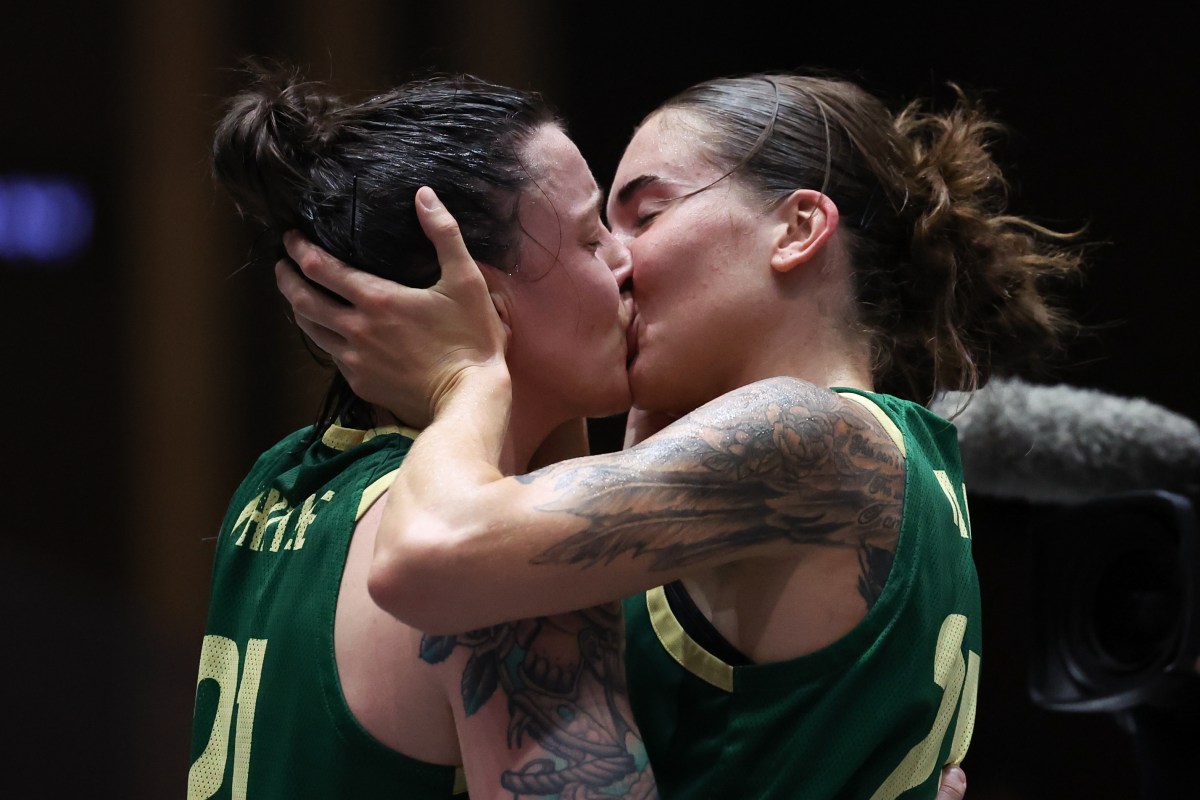 UTSUNOMIYA, JAPAN - MAY 05: Marena Whittle #21 and Anneli Maley #24 of Australia celebrates the victory after the Women’s Final match between Australia and Canada on day three of the FIBA 3x3 Olympic Qualifying Tournament 2 at Light Cube Utsunomiya on May 05, 2024 in Utsunomiya, Tochigi, Japan. (Photo by Takashi Aoyama/Getty Images)