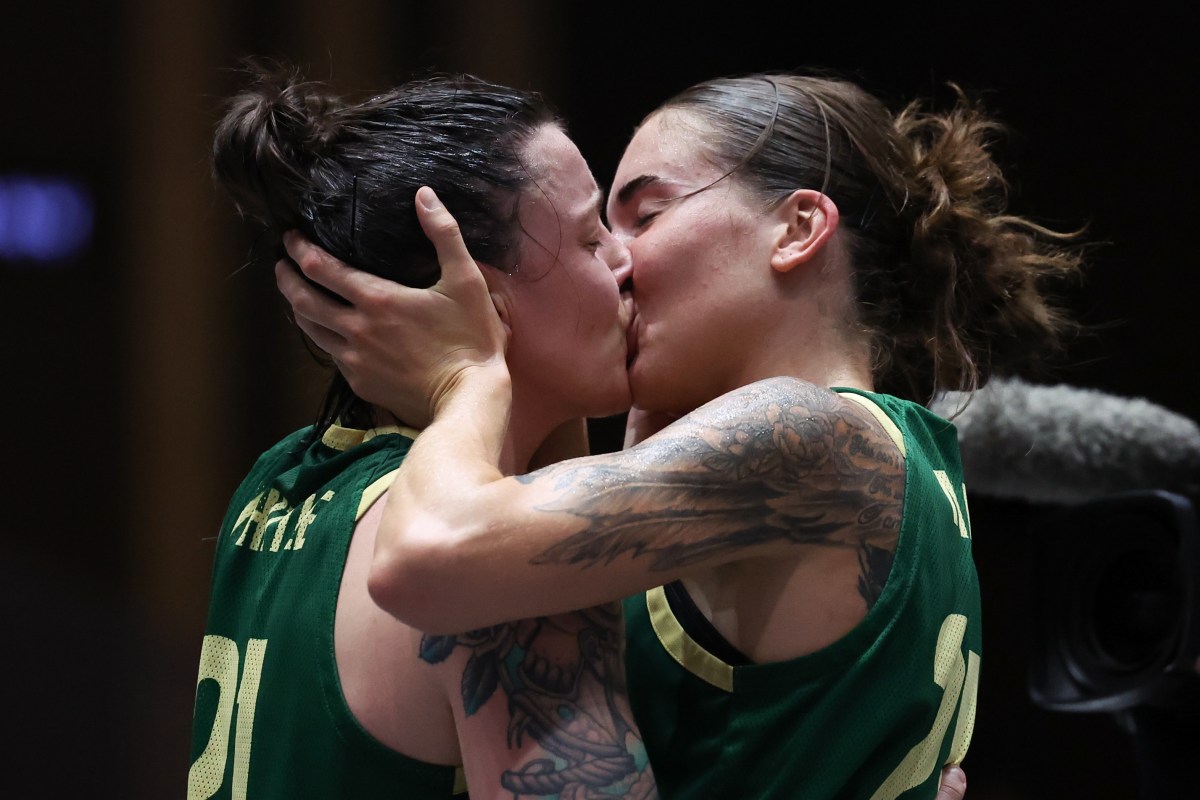UTSUNOMIYA, JAPAN - MAY 05: Marena Whittle #21 and Anneli Maley #24 of Australia celebrates the victory after the Women’s Final match between Australia and Canada on day three of the FIBA 3x3 Olympic Qualifying Tournament 2 at Light Cube Utsunomiya on May 05, 2024 in Utsunomiya, Tochigi, Japan. (Photo by Takashi Aoyama/Getty Images)