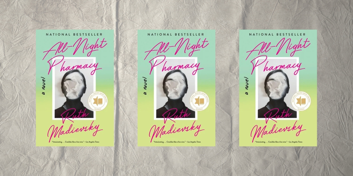 A triptych of the All-Night Pharmacy cover against an off-white textured background