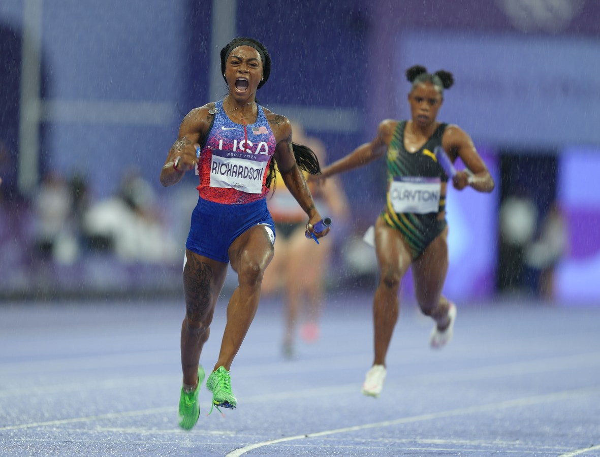 Sha'carri Richardson of team USA reacts after the women's 4X100M relay final of Athletics at the Paris 2024 Olympic Games in Paris, France, Aug. 9, 2024. (Photo by Lui Siu Wai/Xinhua via Getty Images)