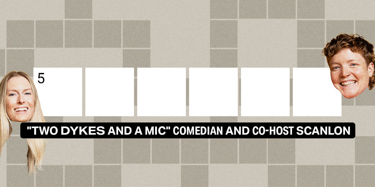 5 across / 6 letters / "Two Dykes and a Mic" comedian and co-host Scanlon