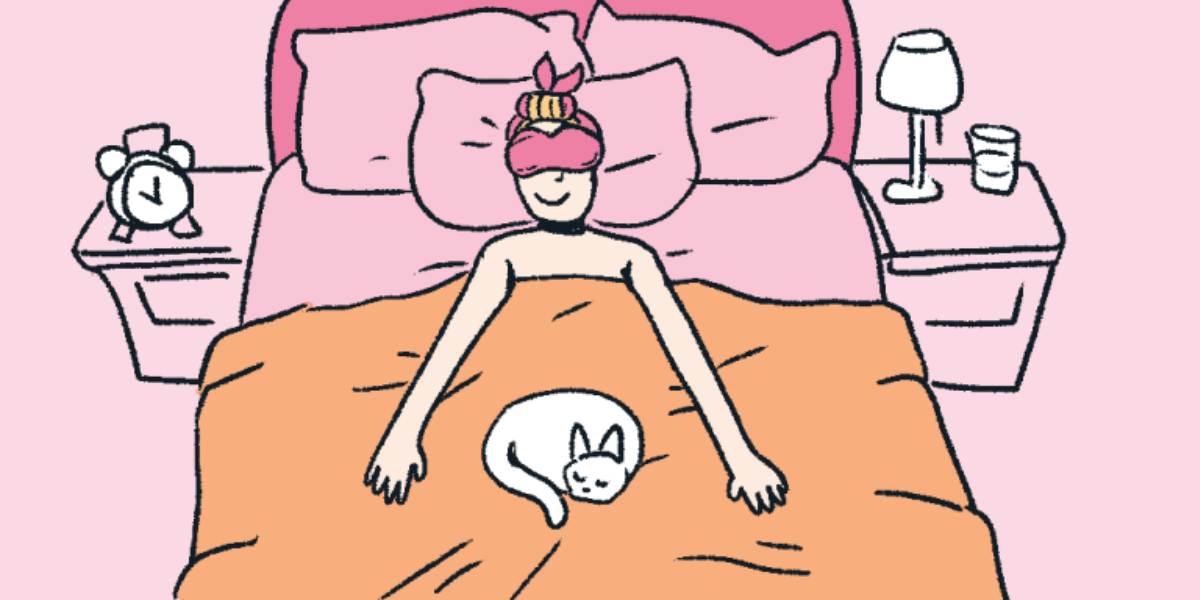 a person in bed with an eye mask and a cat