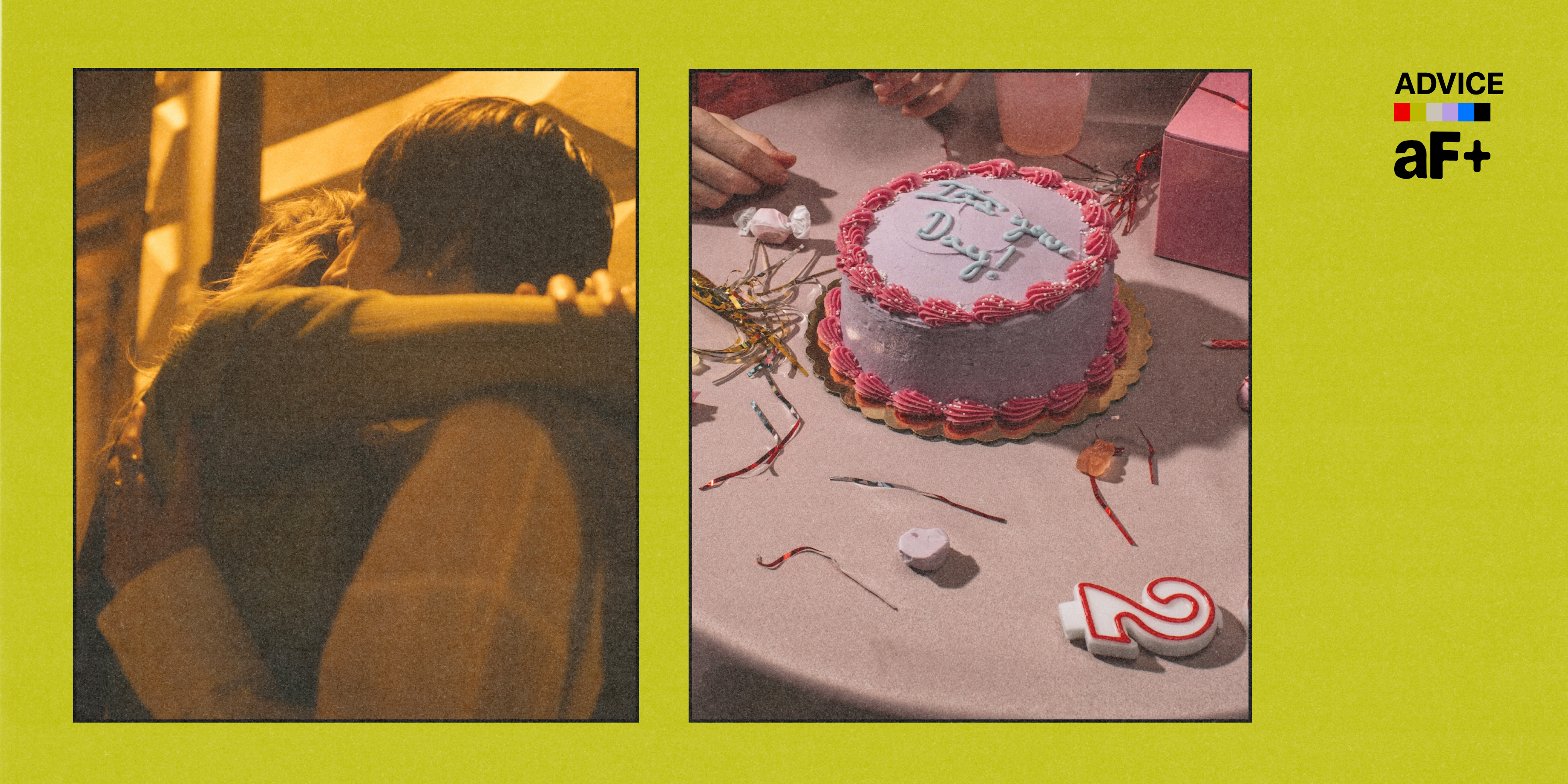 An image of a May December lesbian couple next to an image of a birthday cake.