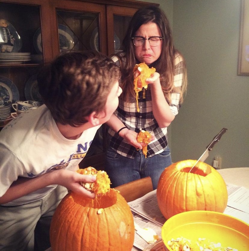 kristen + son with pumpkins