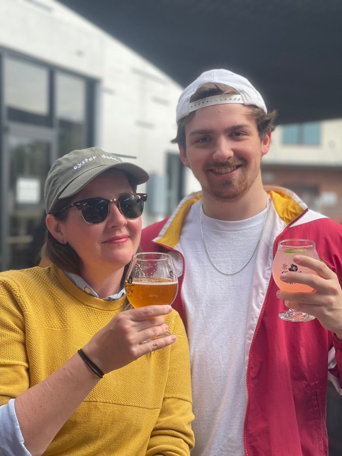 kristen arnett and her son having some beers