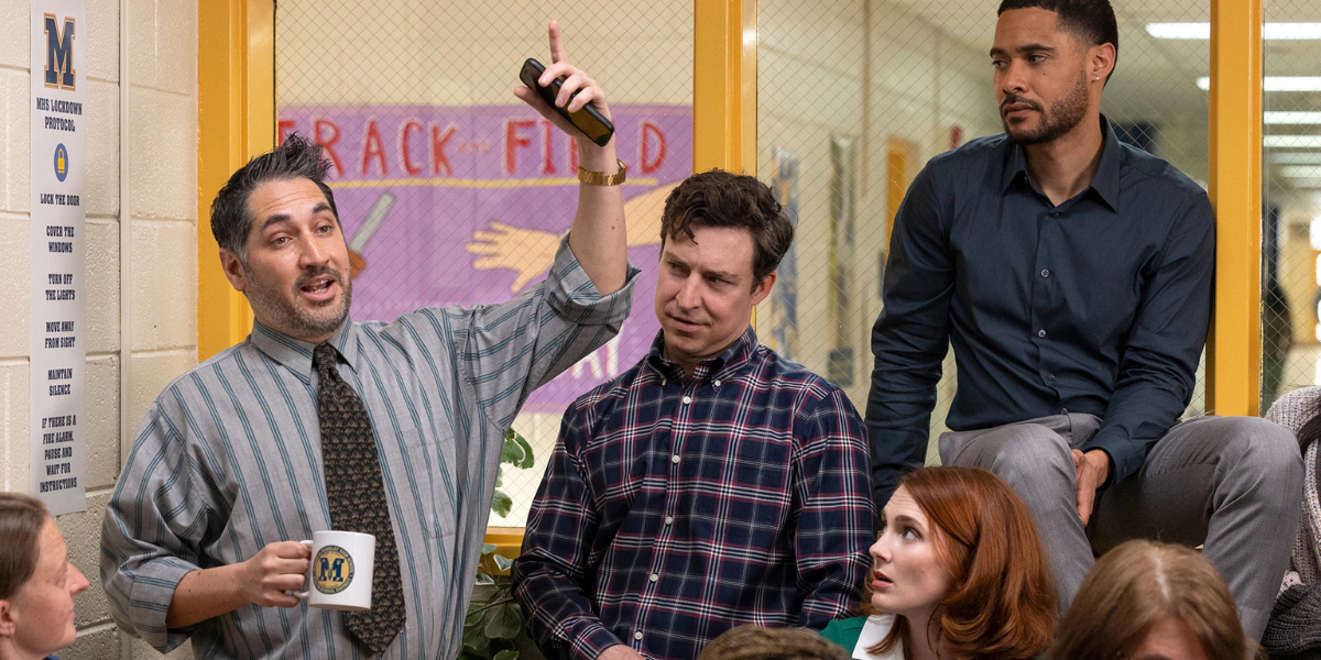 The main cast of English teacher gather in the teachers' lounge.