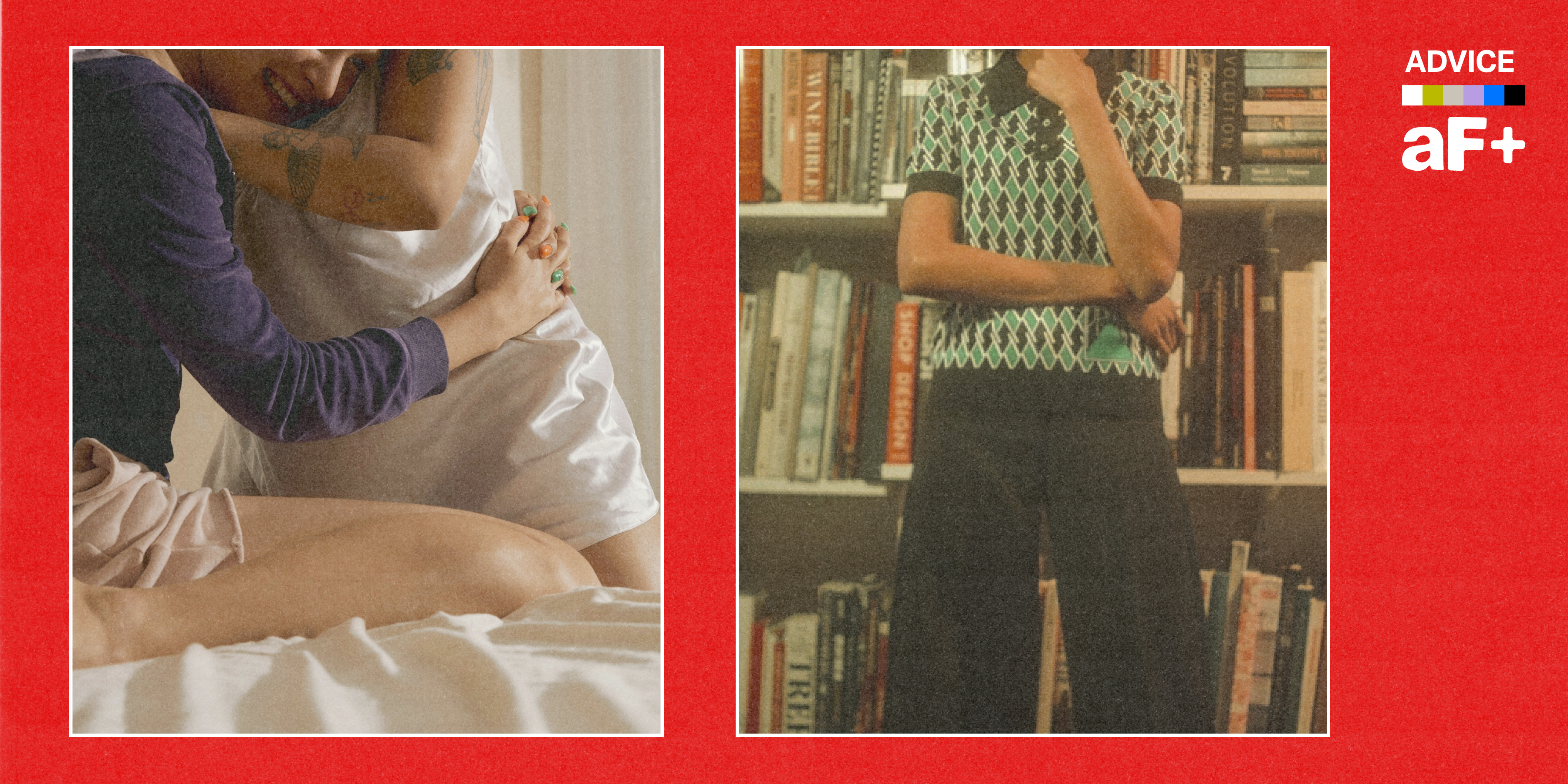 One image shows a queer couple happily embracing. The second image shows someone standing undecidedly among the library stacks.