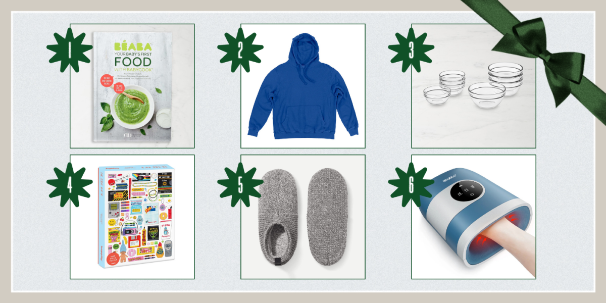 1. BEABA Babycook Book ($45)2. Montauk Hooded Sweatshirt: Galaxy Blue + matching sweatpants ($168 + $132) 3. Glass Prep Mixing Bowls ($35) 4. In the ‘90s Jigsaw Puzzle ($25) 5. Bombas Gripper Slipper ($48) 6. Hand Massager ($80)