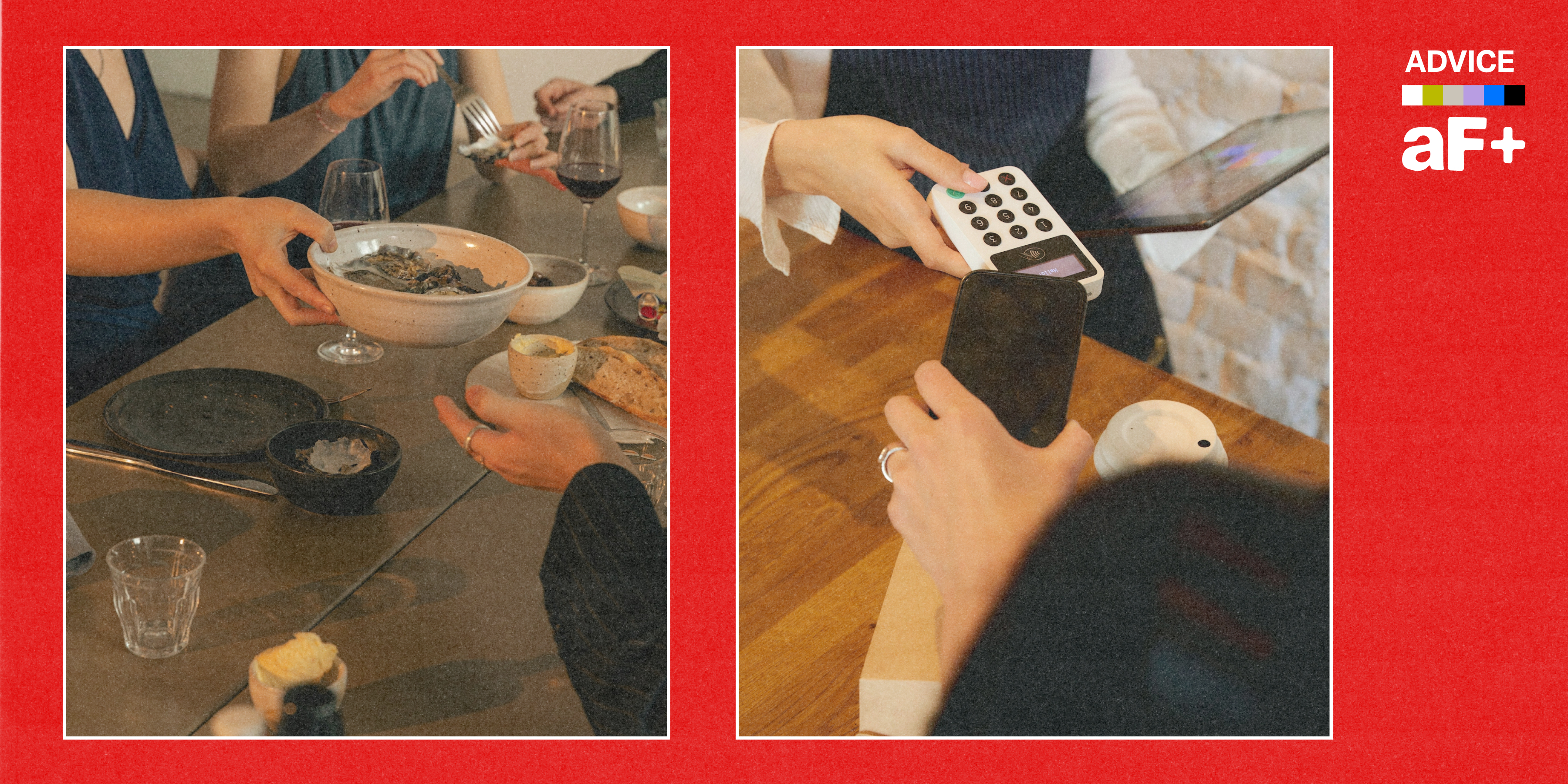 One image shows a restaurant table with people passing a plate of food, another image shows someone paying with a credit card.